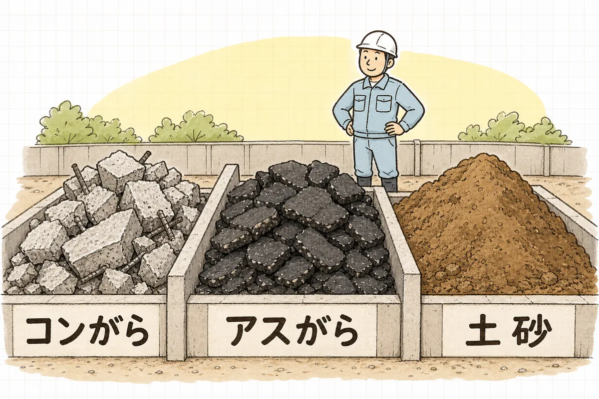 がら置き場をコンクリート塊・アスファルト塊・土砂の3つに分けて置く配置の考え方