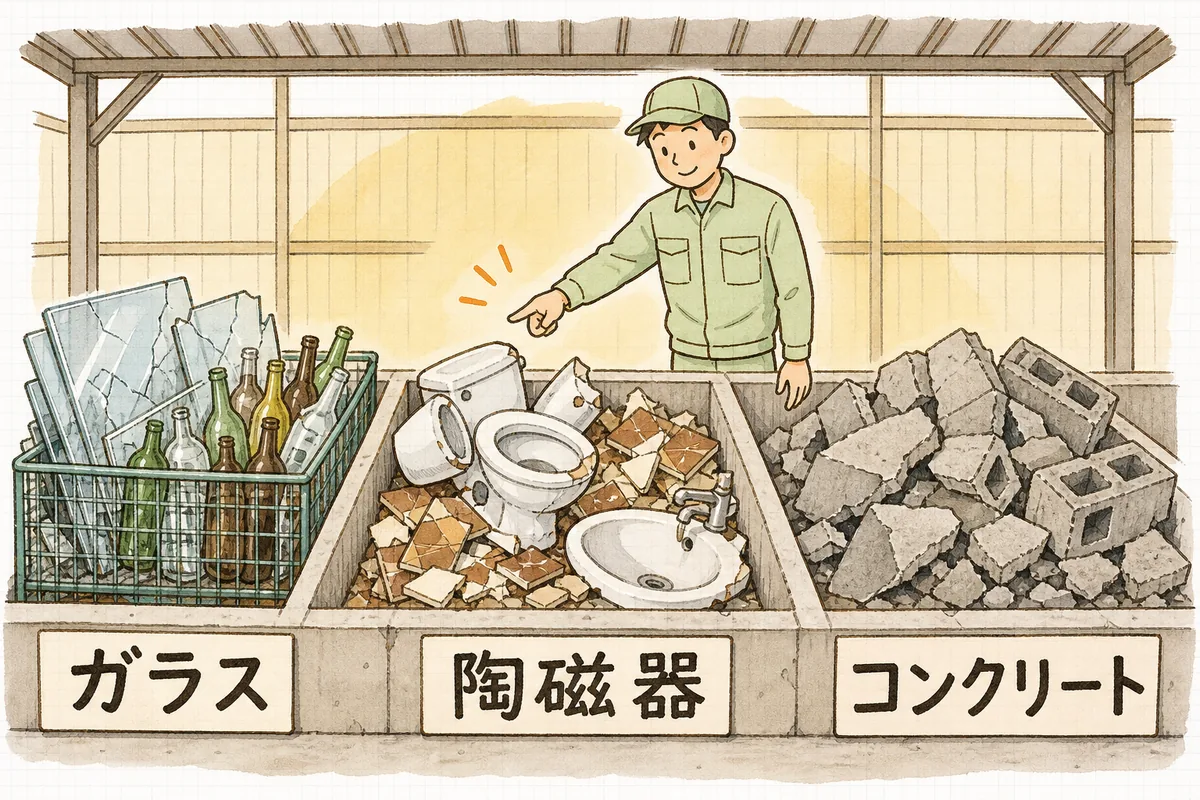 置き場を3つの区画に分け、左にガラス、中央に陶磁器、右にコンクリートくずを置いた配置の考え方