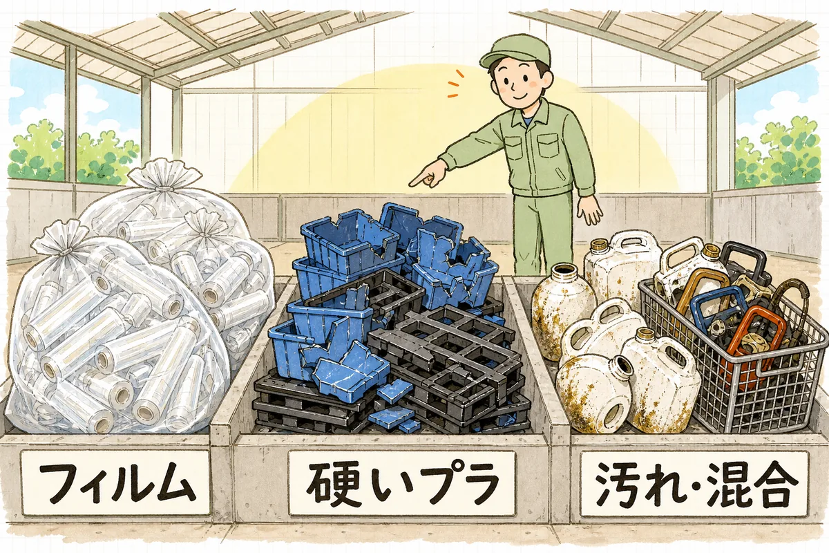 置き場を3つの区画に分け、左にフィルム、中央に硬いプラ、右に汚れ・混合の廃プラを置いた配置の考え方