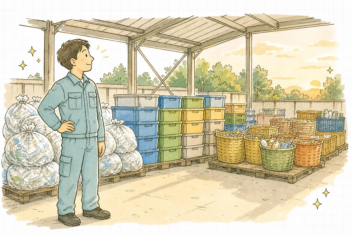 3つに分けて整った廃プラの置き場を背に、穏やかにほほえむ作業着姿の担当者