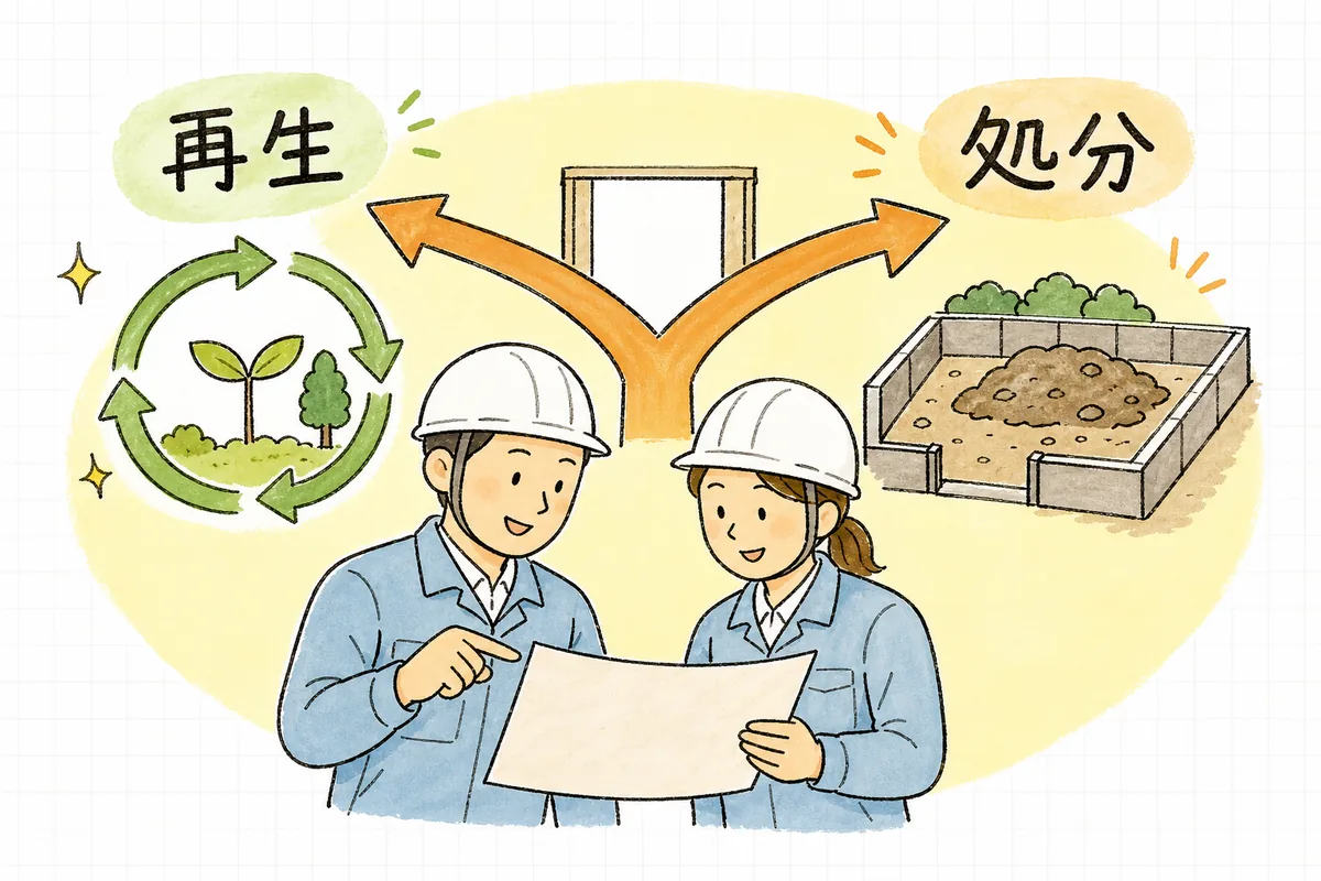 廃石膏ボードが「リサイクル（再生石膏）」と「管理型処分」に分かれて進む行き先の概念図