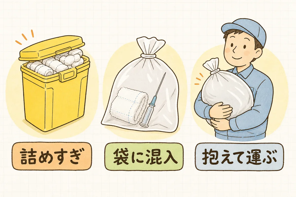 針刺し事故が起きやすい3つの場面。ふたが閉まりきらない詰めすぎの容器、ガーゼと一緒に針が入った袋、袋を体に抱えて運ぶ人