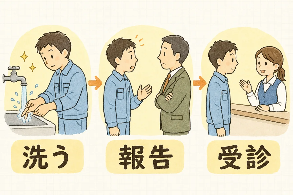 針刺しのあとの初動3ステップ。水道で指を洗う人、責任者に報告する人、病院の受付で受診する人