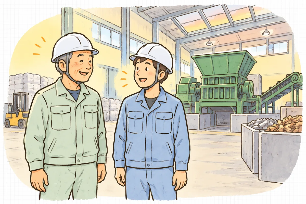 点検を終えた破砕機の前で、ヘルメット姿のベテランと若い作業員が並んで立ち、ほっとした笑顔で顔を見合わせている明るい場面