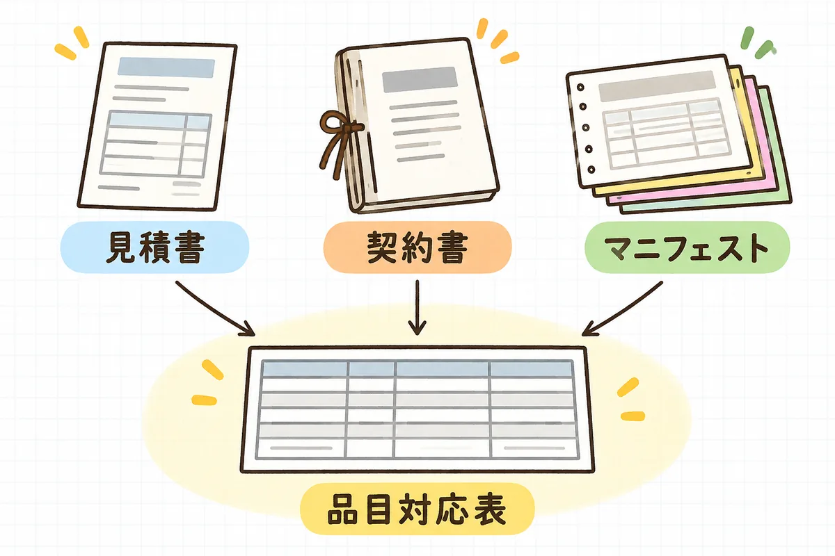 見積書・委託契約書・マニフェストの3つの書類が、下にある1枚の品目対応表に線でつながり、同じ品目名でそろっていく様子を示した図