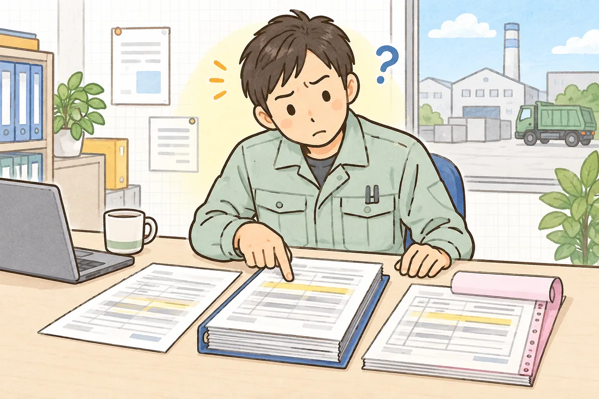 事務所の机に見積書・委託契約書・マニフェストの控えを3つ並べ、同じ廃棄物なのに名前が違うことに気づいて見比べている廃棄物管理担当者