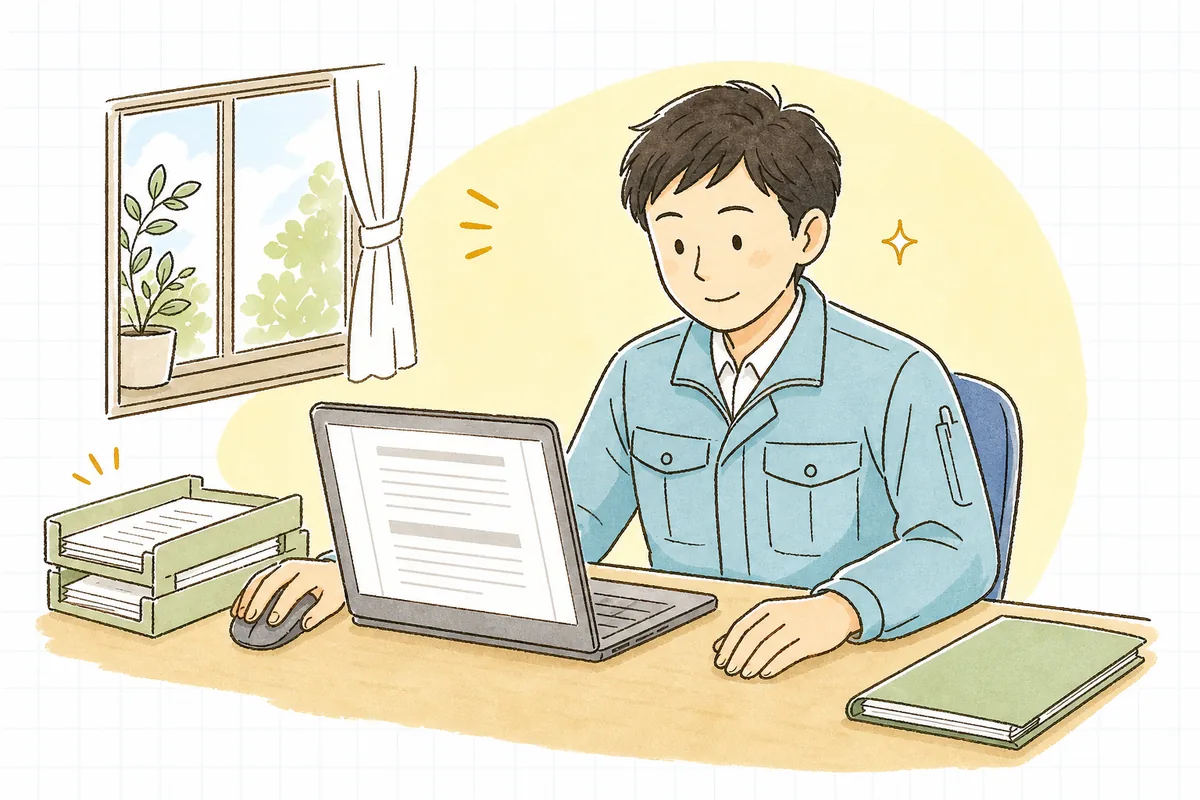 事務所のパソコン画面で産廃の委託契約の内容を確かめ、電子で契約を結ぶ準備をしている実務担当者