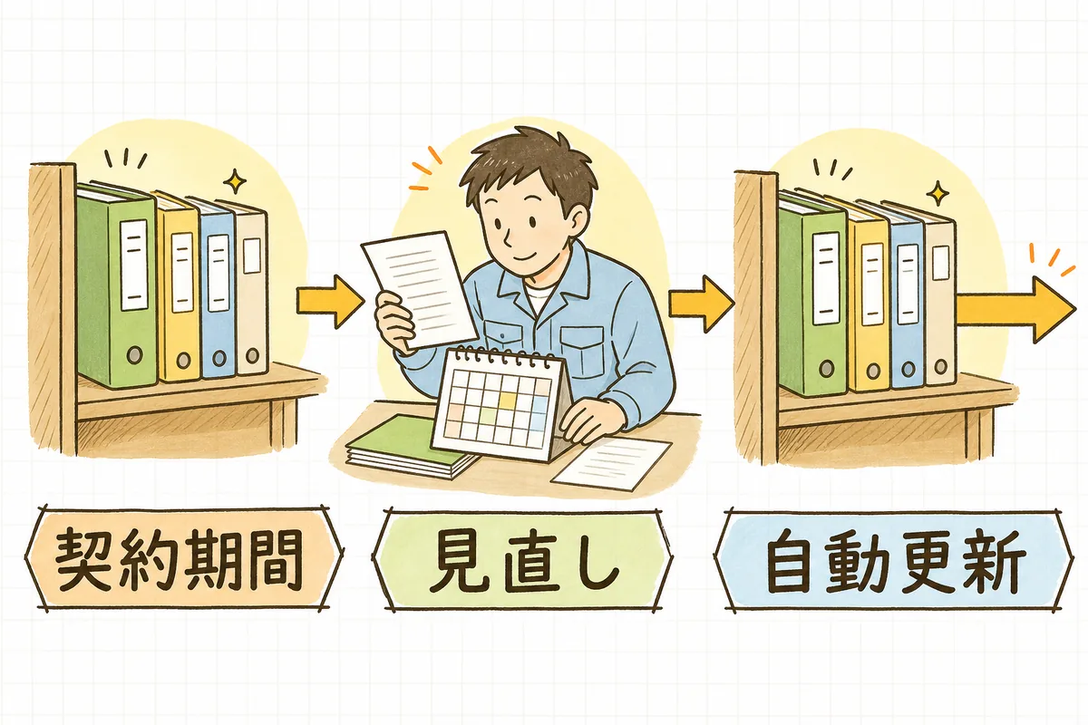 契約期間、満了前の見直し、自動更新の流れを左から右へ時間の帯で表した図