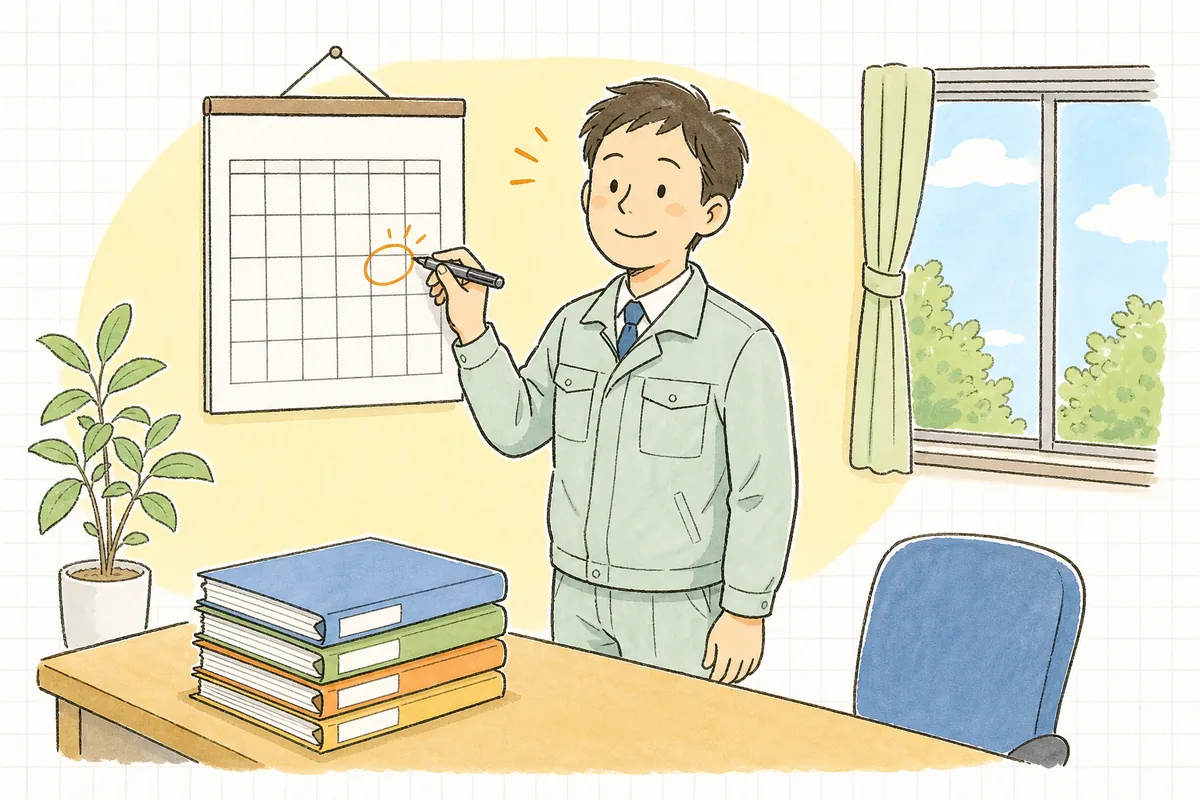 契約の見直しを終え、更新後の予定をカレンダーに書き込んで穏やかな表情を見せる産廃の契約担当者