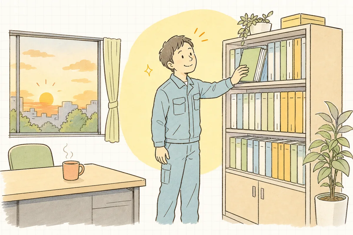 整理し終えた契約書のファイルを棚に戻しながら、ほっとした表情を見せる作業着姿の担当者