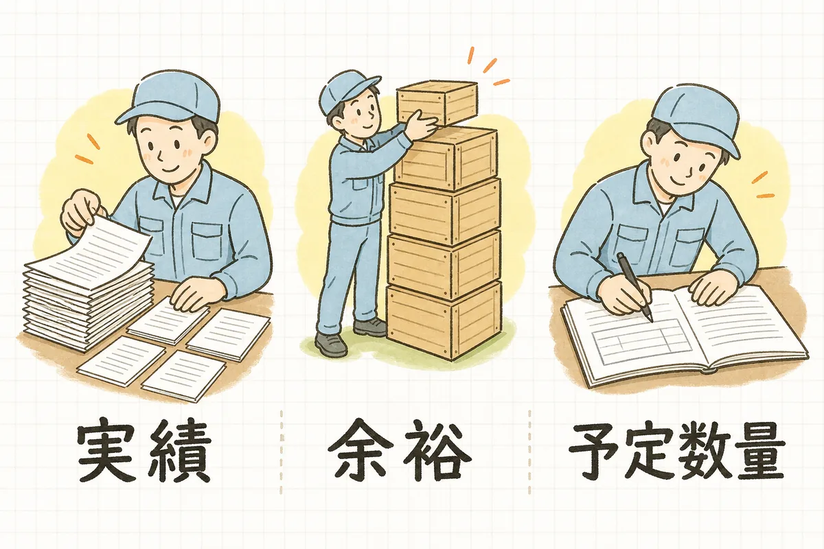 実績を数え、余裕を少し足して、契約書の予定数量欄に書き込むまでの3ステップを左から右へ並べた図