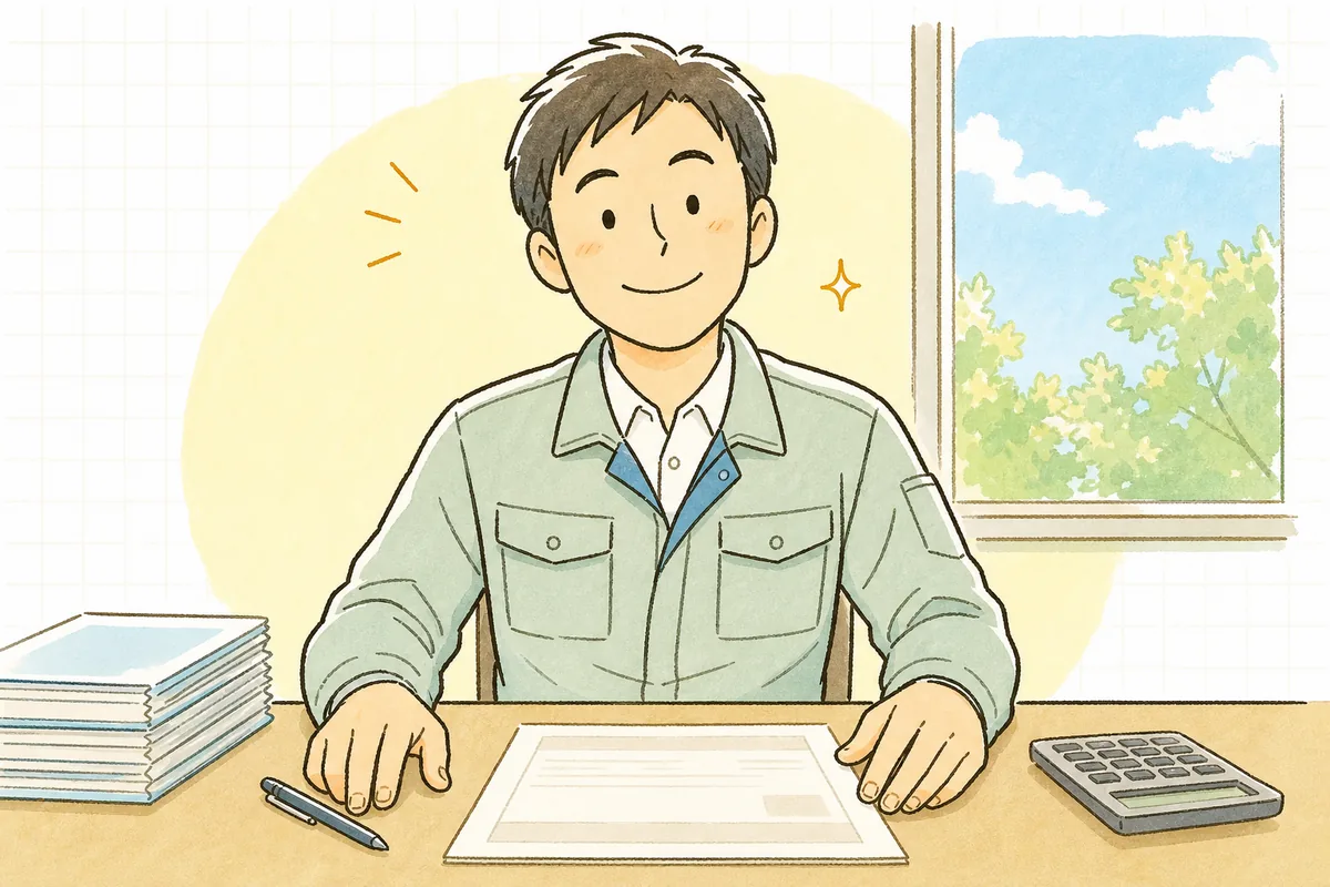 実績を確かめて数量欄を書き終え、契約書から顔を上げて穏やかな表情を見せる産廃の契約担当者