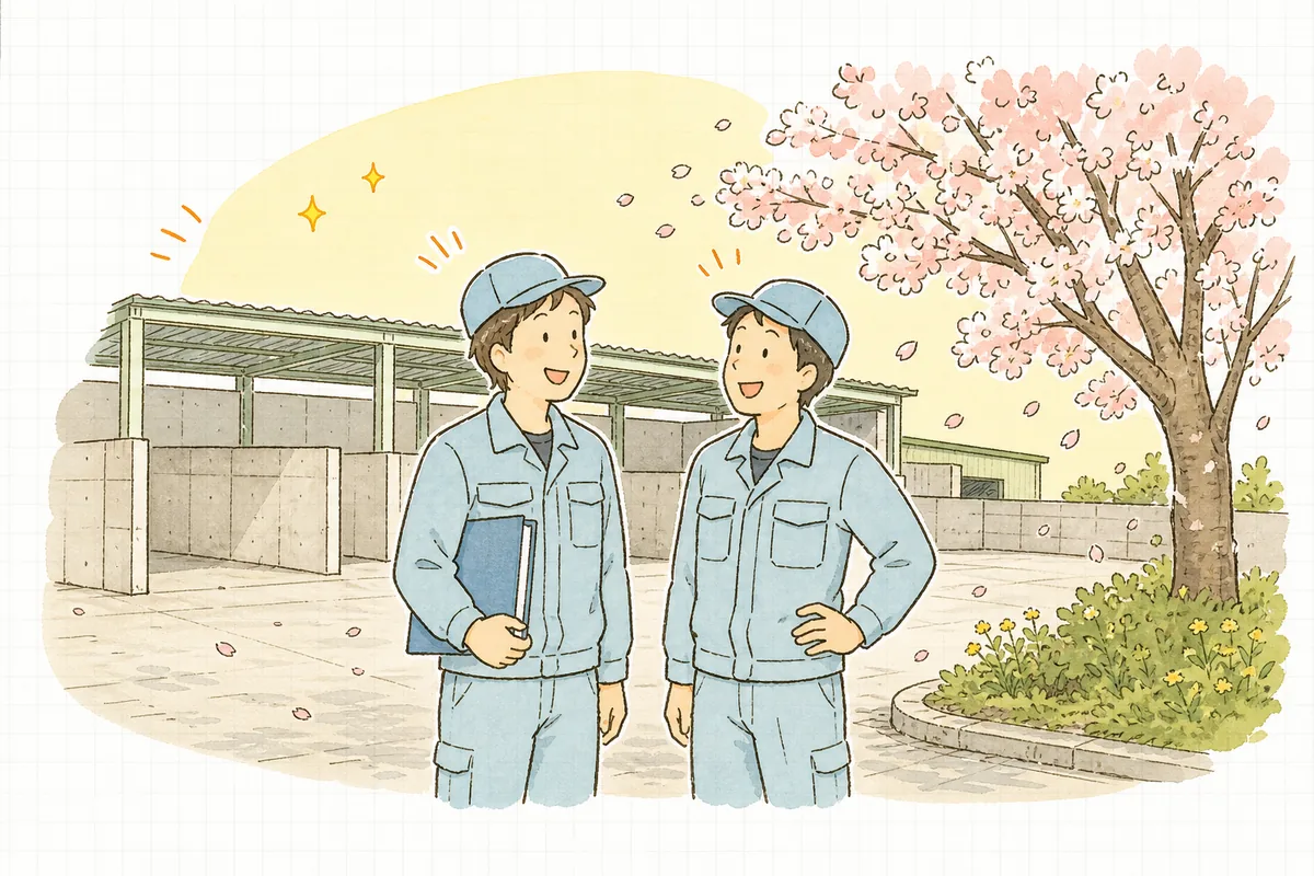 片づいた処理施設の敷地で、春の朝の光を浴びながら、仲間と穏やかに笑い合う作業着姿の担当者たち