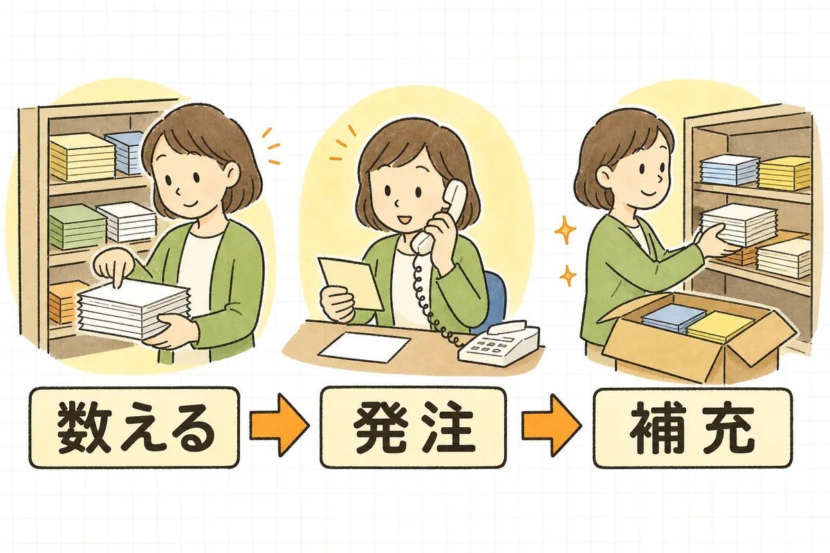 棚の伝票を数える場面、電話で発注する場面、届いた伝票を棚に補充する場面の3つを左から順に並べ、矢印でつないだ在庫管理の流れの図