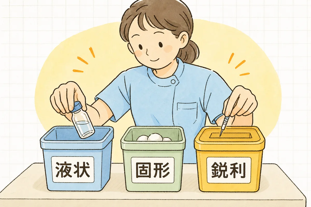 液状・固形・鋭利の3つの性状ごとに、色の違う密閉容器へ分けて入れている様子
