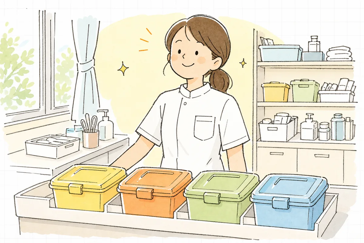 色分けした容器を分けて置き終え、すっきりした表情で処置室を見渡す担当者