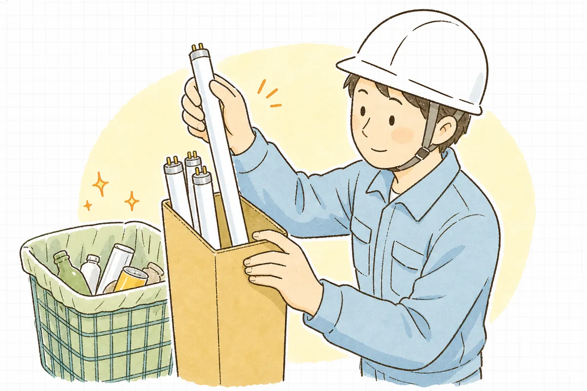 蛍光管を専用の細長い箱に立てて入れ、他の廃棄物のかごと分けて保管している様子