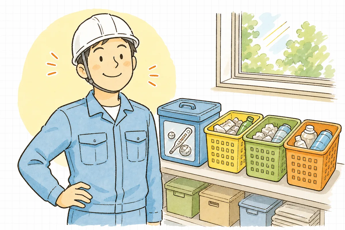 蛍光管の分別と保管を整え終えて、すっきりした表情で保管スペースを見渡す現場担当者