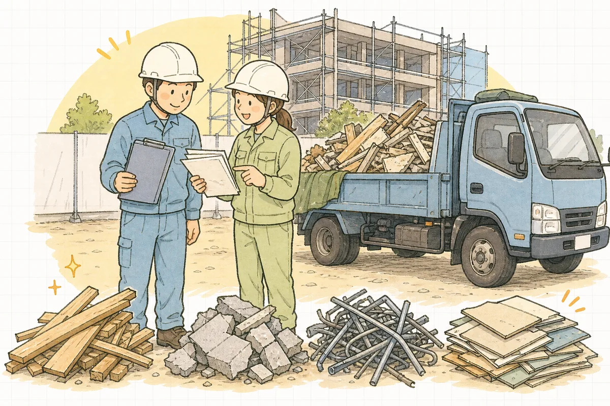 建設現場の片隅で、産廃を積んだトラックの前でマニフェストの交付をどちらが担うか確かめ合う元請と下請の担当者