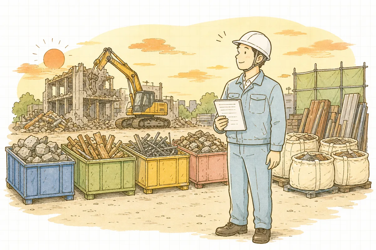 分別された廃材が整然と並ぶ解体現場で、書類の確認を終えた担当者が穏やかに一息ついている情景