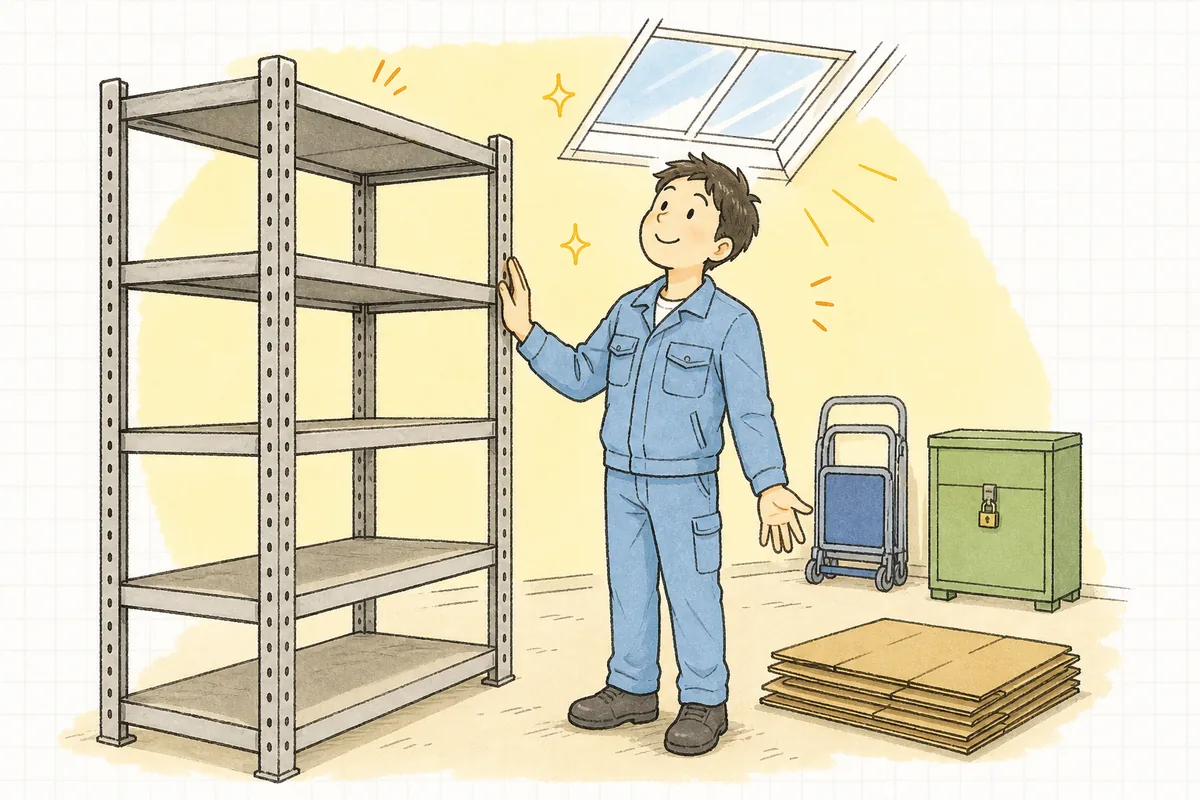 片づいた倉庫で、空になった書類棚の前に立ち、すっきりした表情で顔を上げている担当者