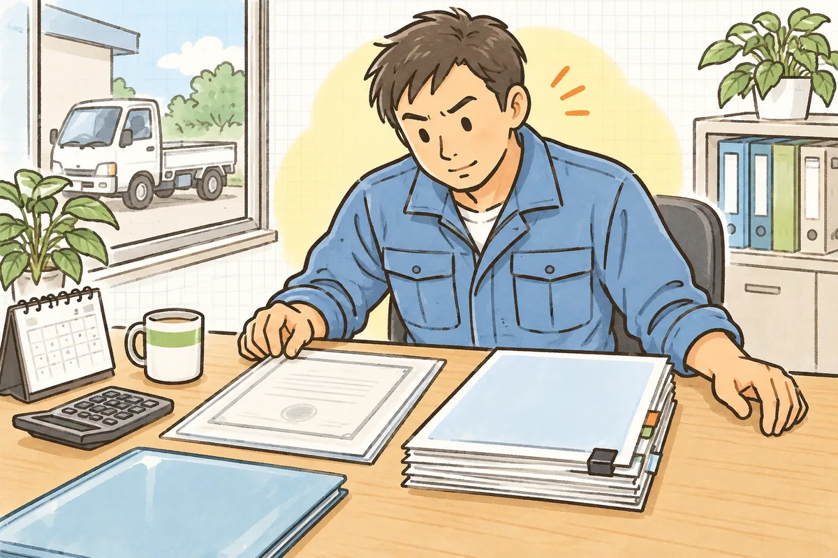 事務所の机で個人名義の許可証と会社設立の書類を見比べ、法人成りの段取りを考えている作業着姿の事業主
