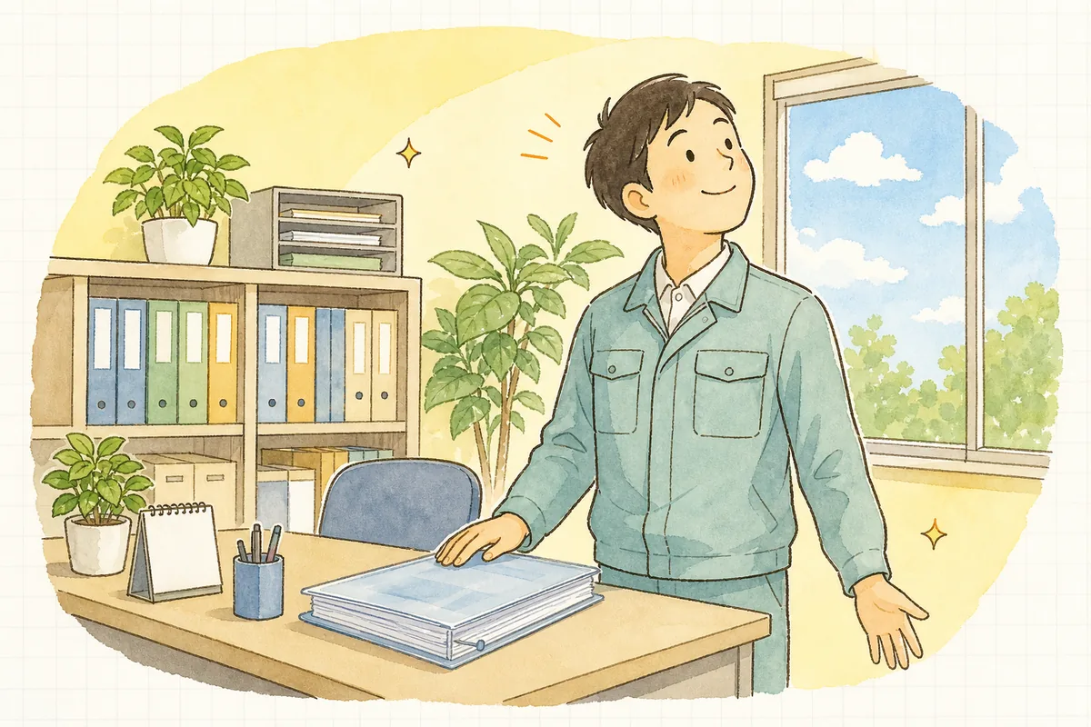 明るい事務所で、そろった申請書類をクリアファイルにまとめ終えて穏やかな表情で顔を上げている作業着姿の担当者