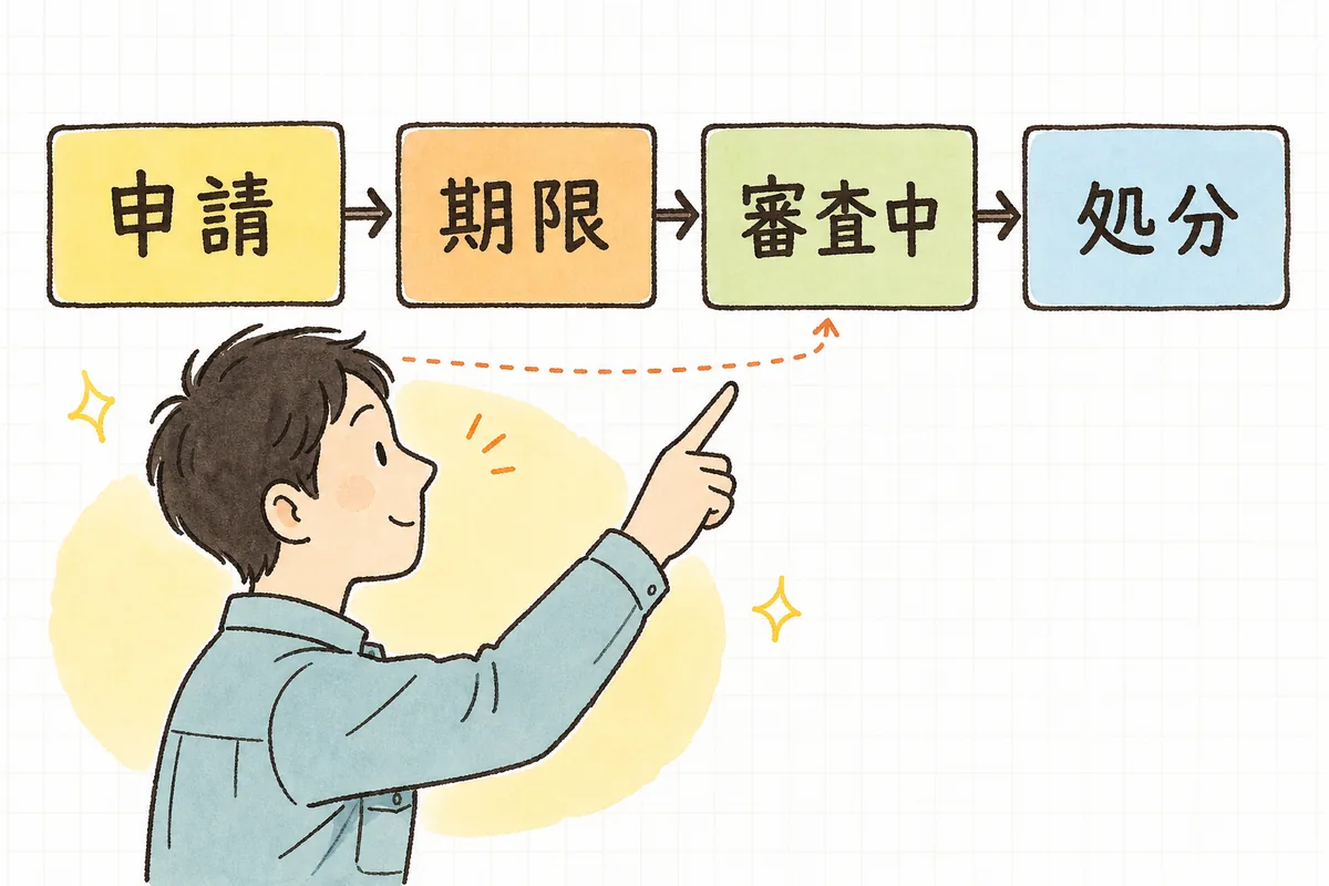 更新申請・有効期限・審査中・処分の流れを矢印でたどり、期限内に申請できているか確かめる産廃の事務担当者