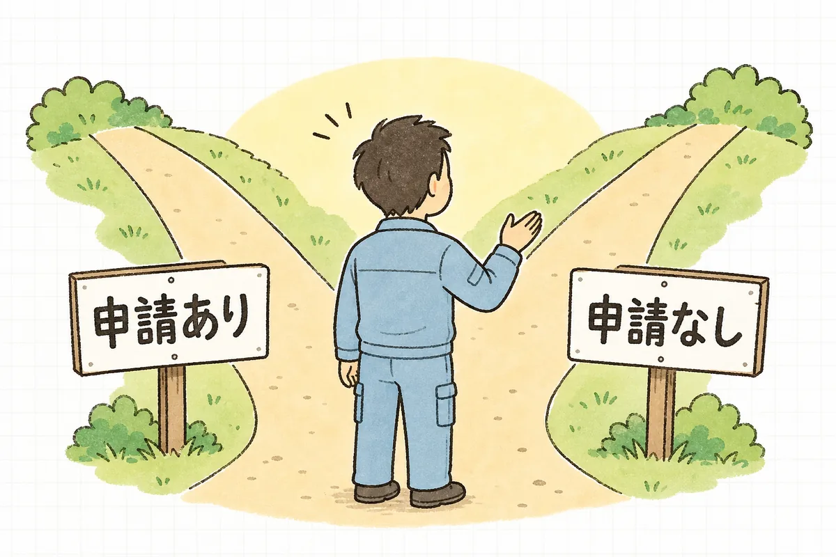 期限内に申請したときとしなかったときで対応が分かれることを、二つの道として確かめる産廃の事務担当者
