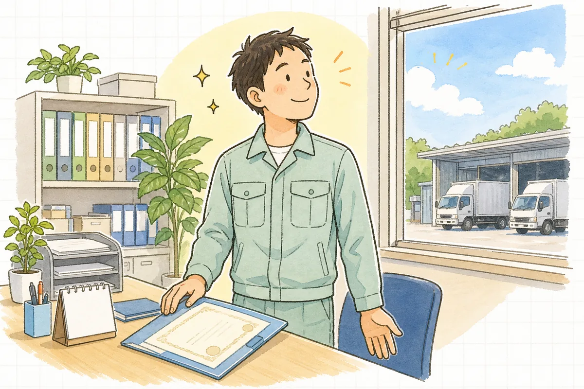 新しい許可証をファイルに収め、明るい窓辺で外の車庫を眺めながら穏やかにほほえむ作業着姿の担当者