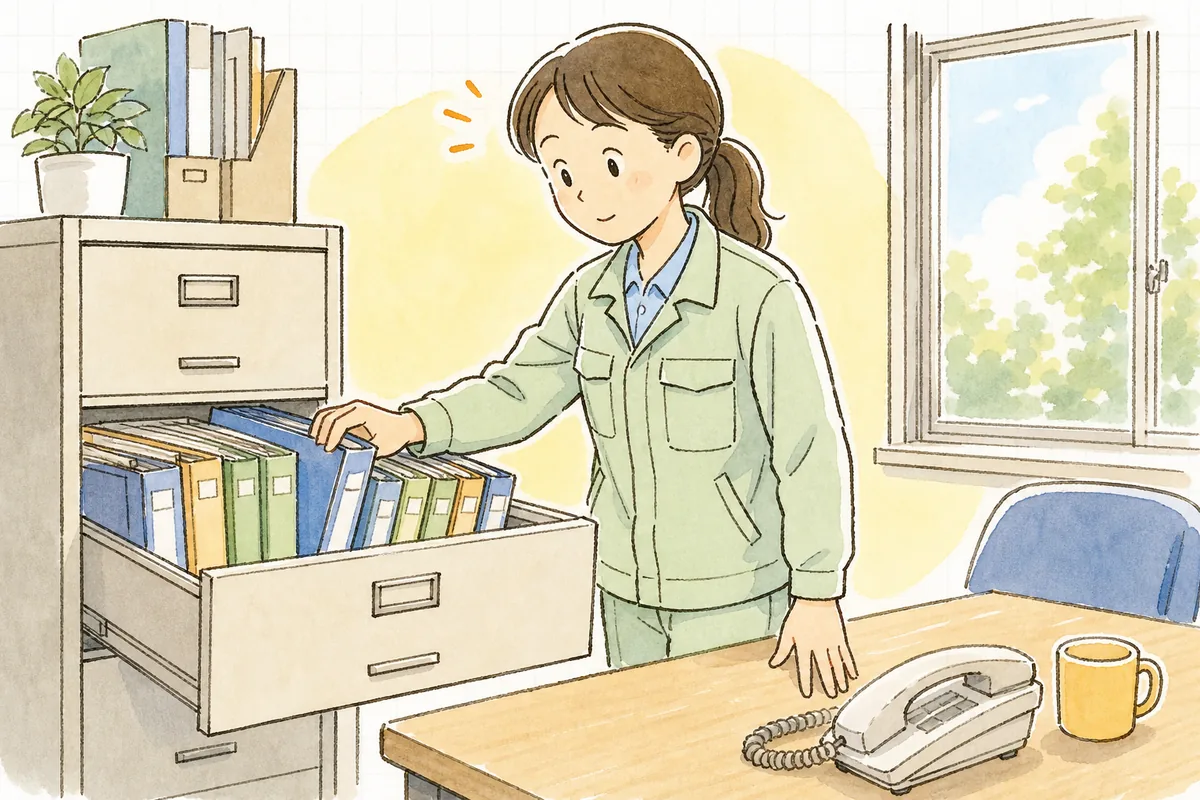 事務所の書類キャビネットの引き出しを開けて、ファイルを一冊ずつめくりながら許可証を探している産廃処理会社の事務担当者