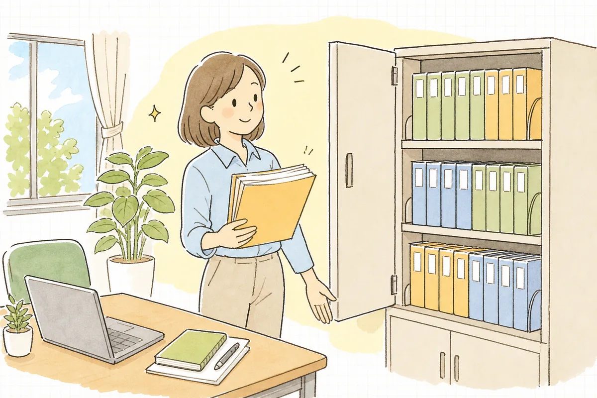 再交付された許可証をファイルに収め、キャビネットの決まった場所にしまいながらほっとした表情を見せている産廃処理会社の事務担当者