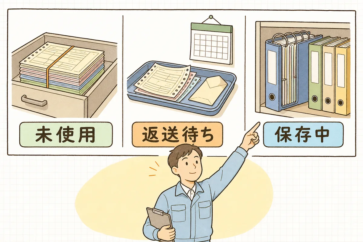 未使用の伝票綴り・返送を待っている途中の票・ファイルに保存中の票という3つの段階を並べて見比べる図