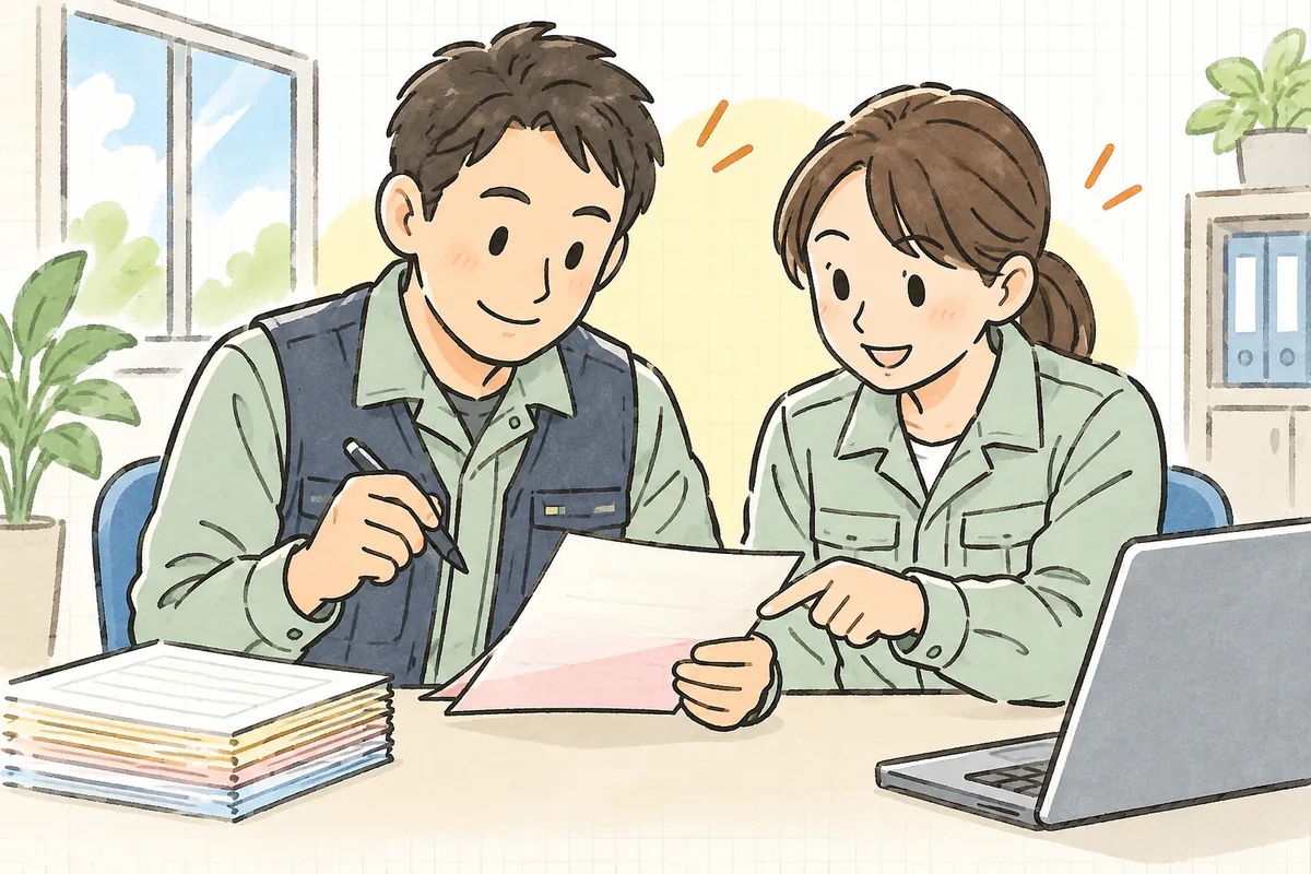 工場の事務所で、複写式のマニフェストを机に置き、同僚と二人で一項目ずつ見比べながら確認している産廃の担当者
