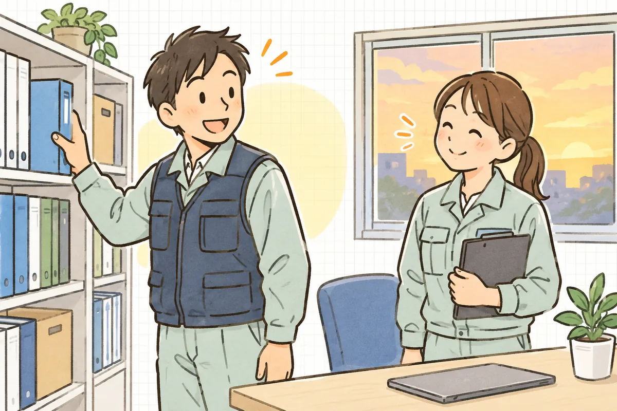 夕方の事務所で、きれいに綴じられたマニフェストのファイルを棚に戻しながら、同僚と笑顔で一日を終える産廃の担当者