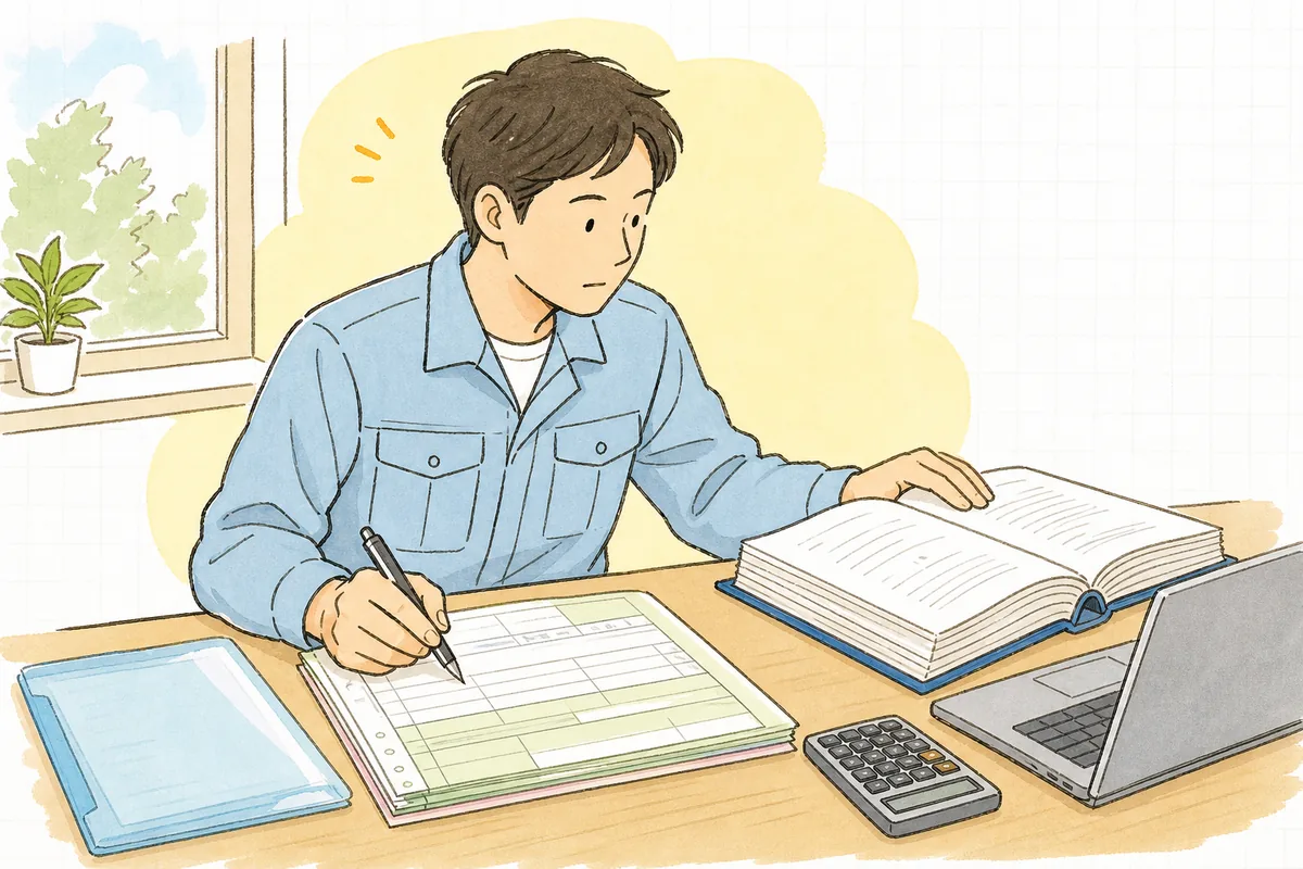 事務所の机でマニフェスト伝票の記入欄にペンを止め、隣に広げた委託契約書のページへ視線を移している排出事業者の廃棄物担当者