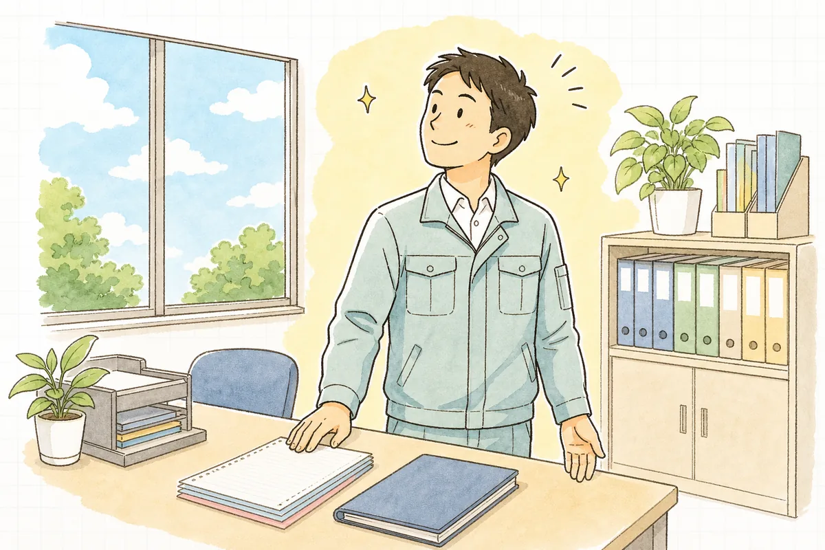 明るい事務所で、書き終えたマニフェストの控えと委託契約書を机の上でそろえ、穏やかな表情で顔を上げている廃棄物担当者