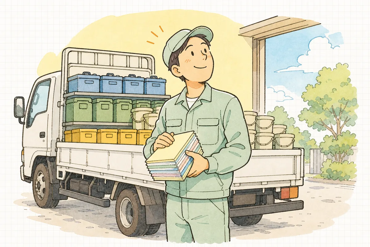 積み合わせで預かった何枚かのマニフェストを会社ごとに整えて束ね、荷台の前でほっと一息ついている収集運搬業者の担当者