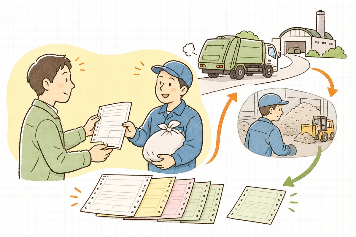 産廃の引き渡し時に複写式の管理票を交わし、処理後に控えが戻ってくるマニフェストのイメージ