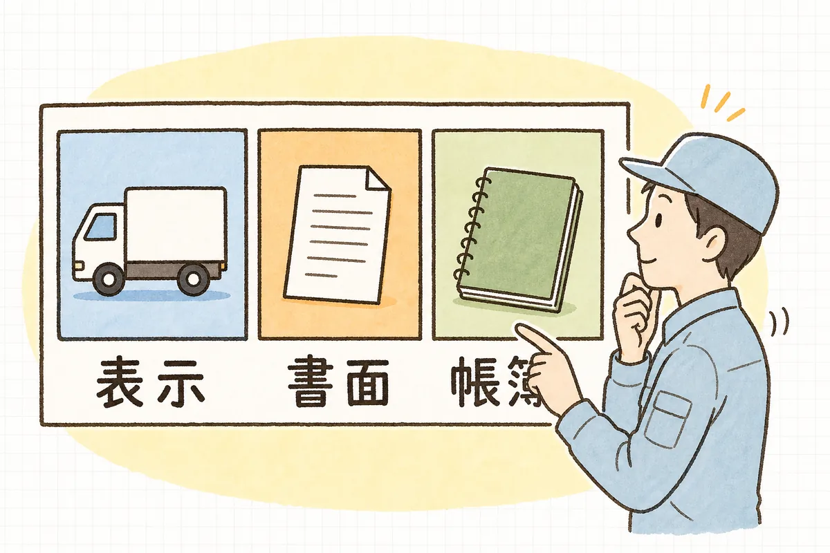 自ら運搬でも運搬車の表示・書面の携行・帳簿への記録という3つの備えが必要なことを示すイメージ図