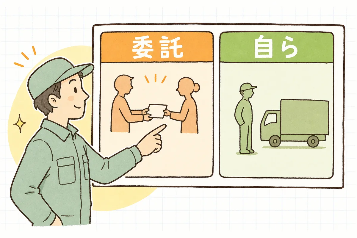 他人に委託する部分にはマニフェストが必要、自分で運び自分で処分する部分には不要、と区分けするイメージ図