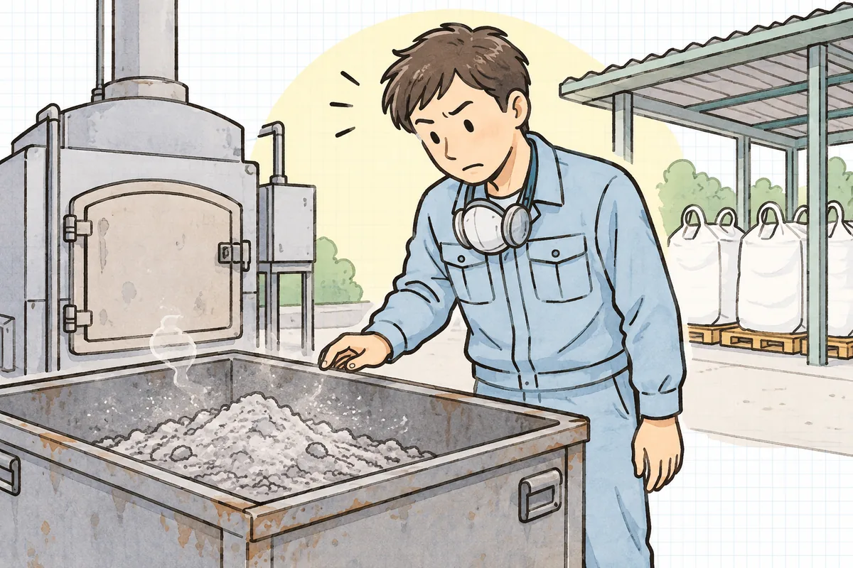 焼却炉の横で、灰の入った金属製の容器をのぞき込み、舞い上がる細かな粉に少し眉を寄せる作業着姿の現場担当者