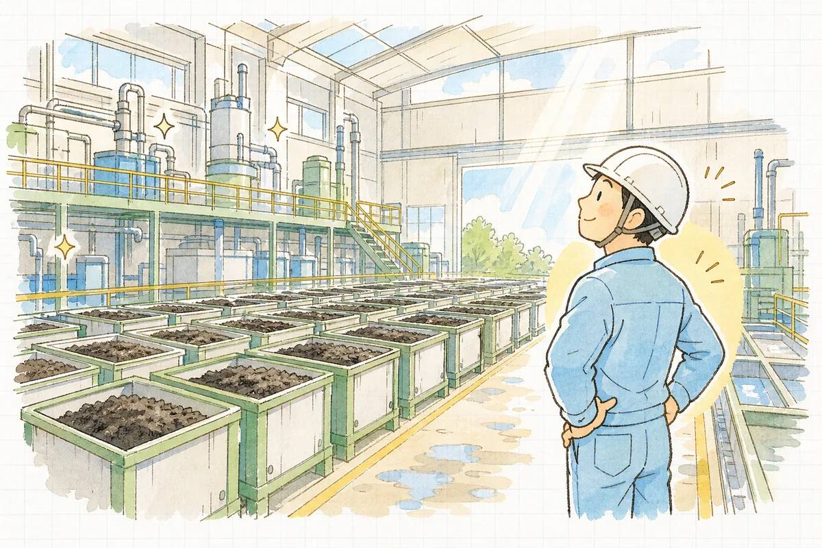脱水されて量が減り、種類ごとに整理された汚泥の置き場を見渡して穏やかに一息つく産廃の現場担当者