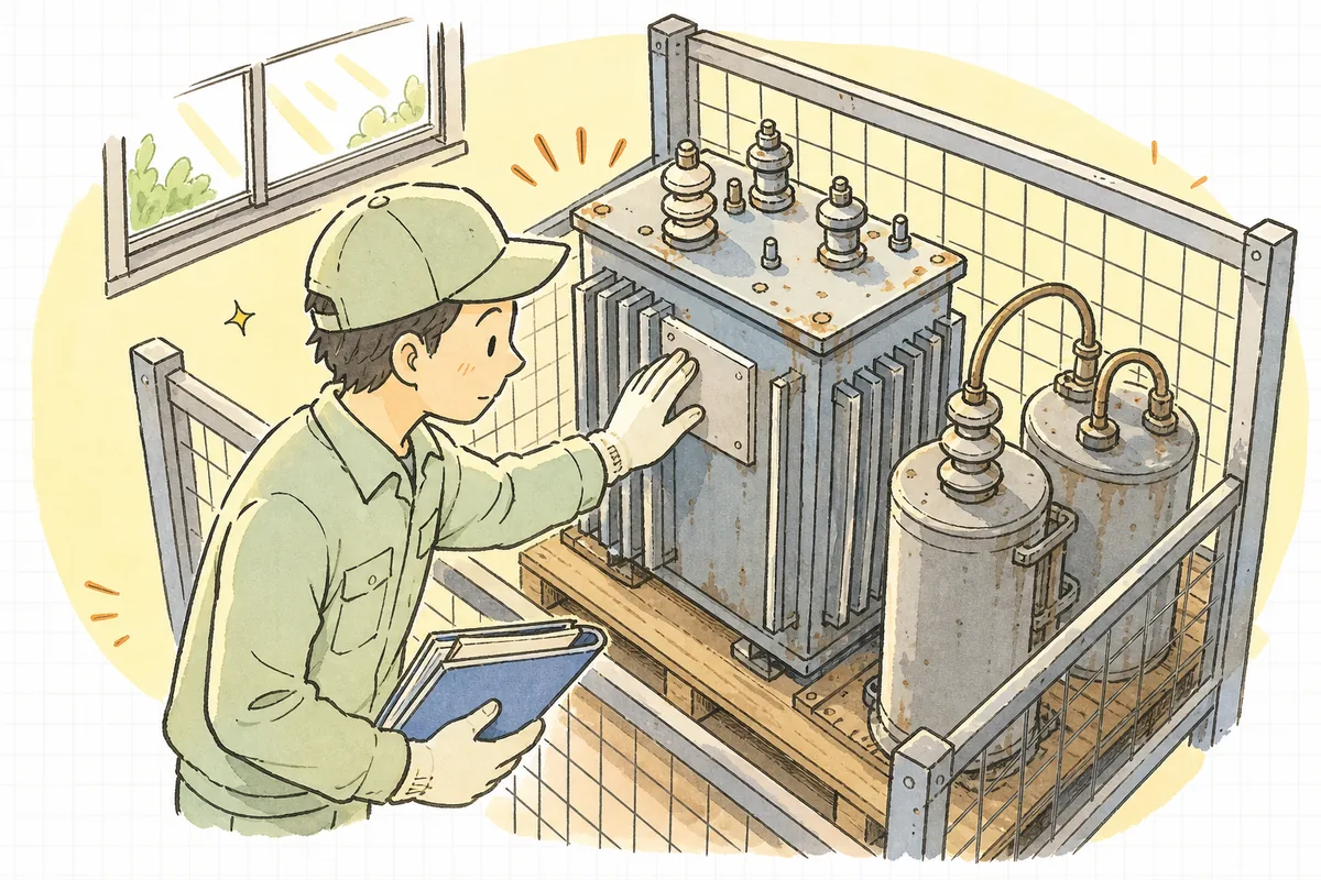 倉庫の棚に置かれた古い変圧器やコンデンサを前に、台帳を手に保管状況を確かめる産廃・設備担当者