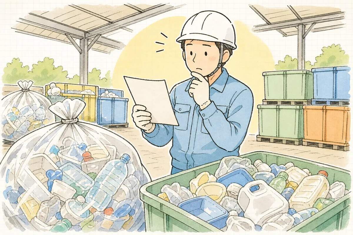 プラスチックの廃棄物が入った容器を前に、分別のことを考えながら手元の資料を見る産廃の現場担当者