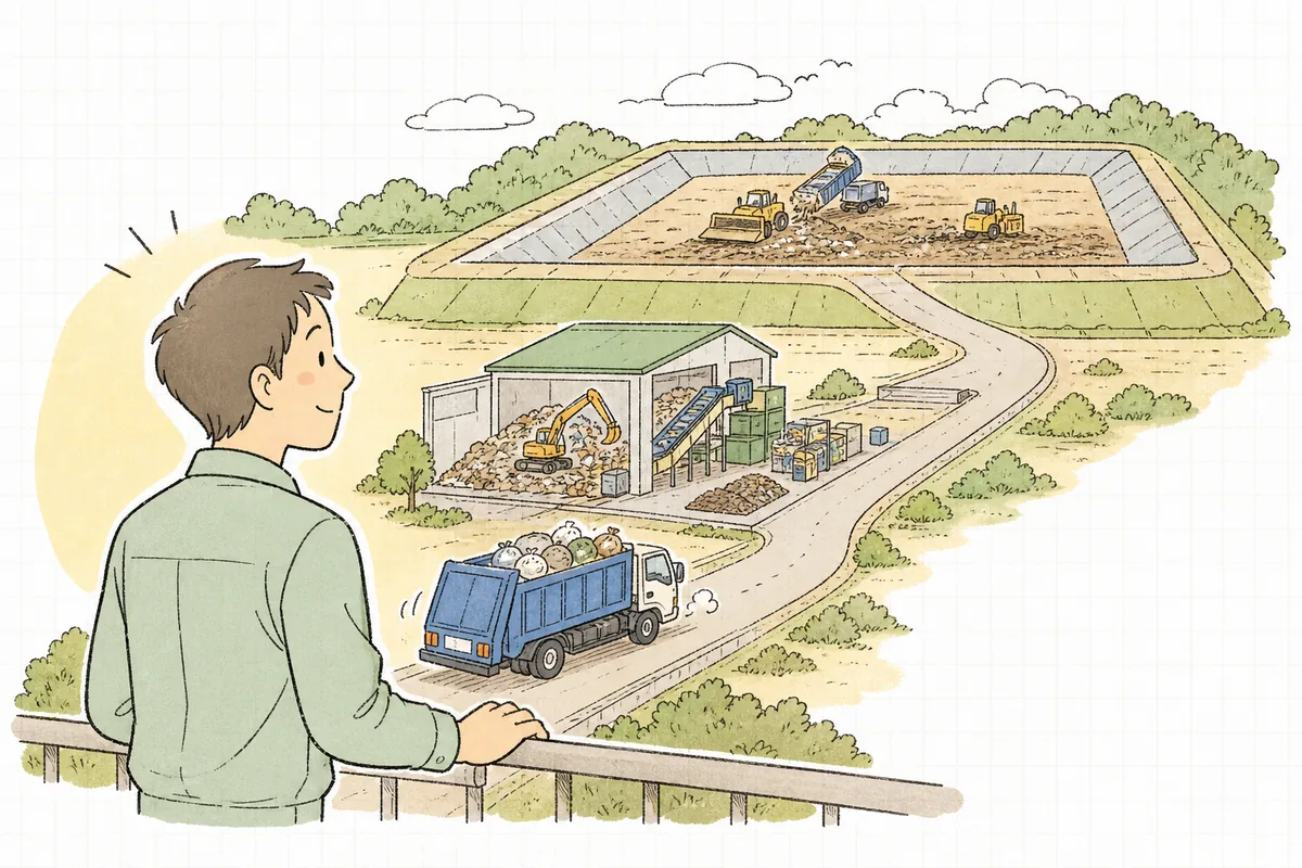 中間処理を経た廃棄物が最終処分場の埋立地へたどり着き、処理の流れが終点を迎えるイメージ