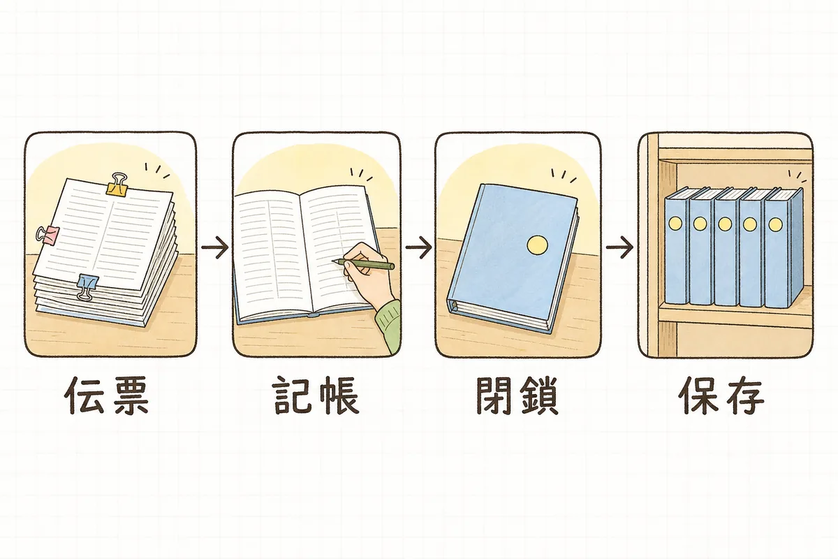 伝票から記帳、年ごとの閉鎖、5年保存へと進む帳簿の流れを左から順に並べた図