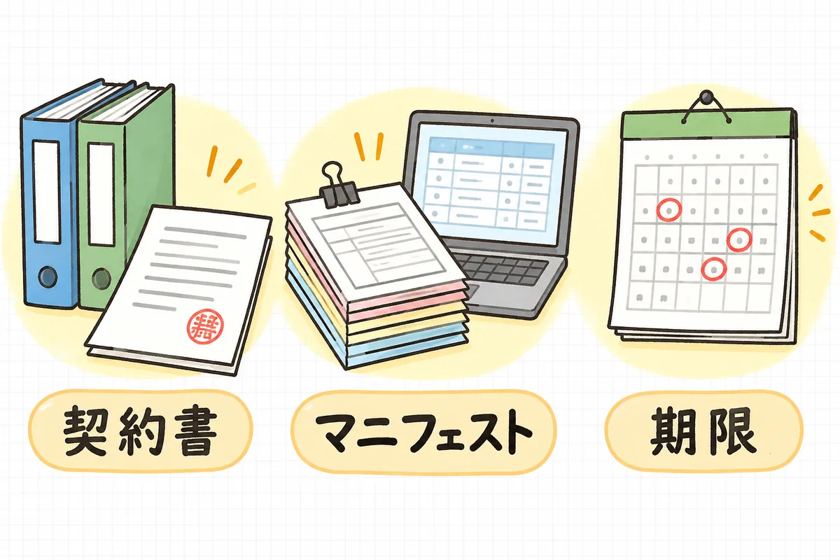 引き継ぐ書類を3つの束に分けた図。綴じられた契約書のファイル、マニフェストの伝票の束とJWNETの画面を映したノートパソコン、丸印の付いた壁掛けカレンダー
