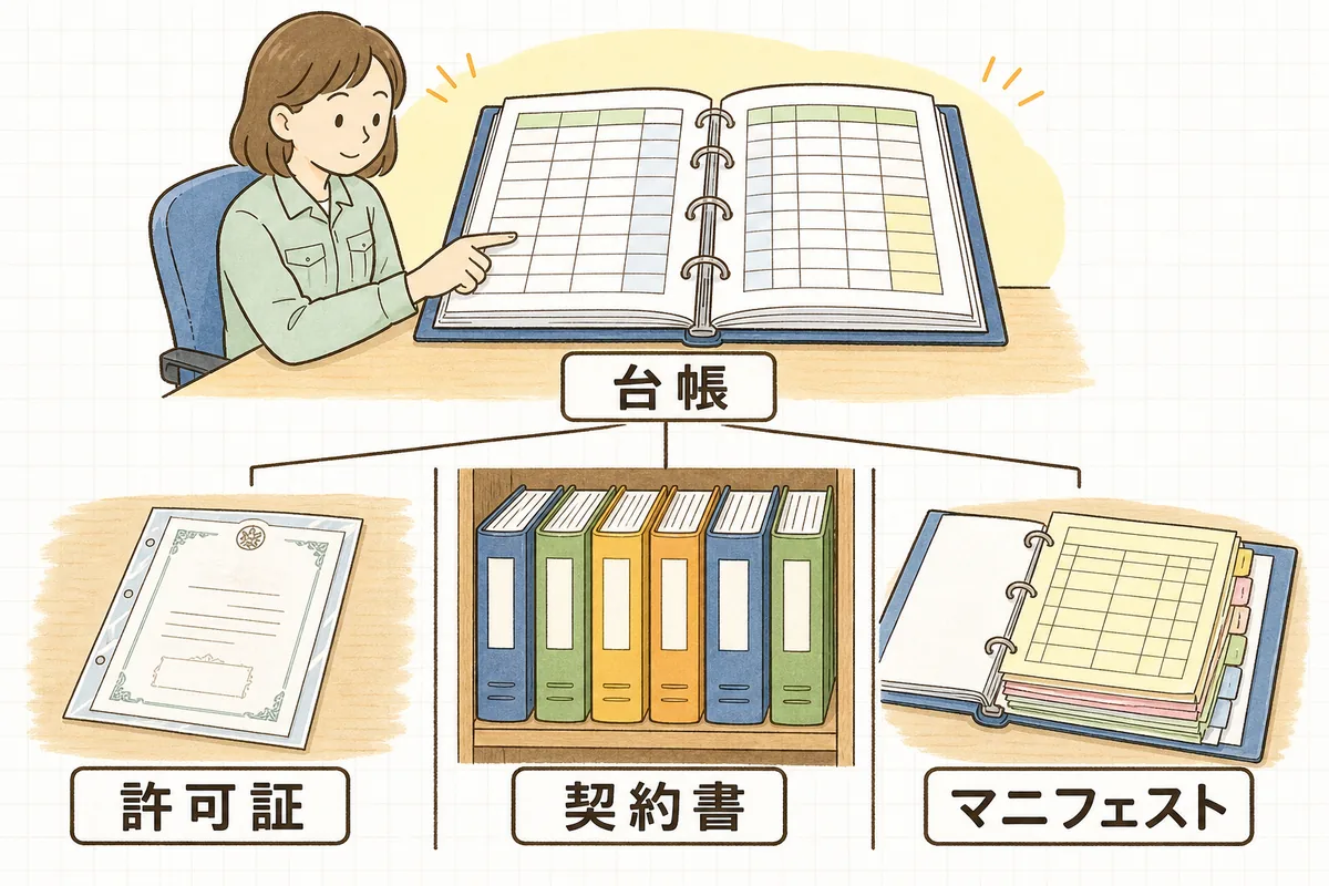 1冊の管理台帳から、許可証・契約書・マニフェストの3種類の書類の置き場所をたどれることを示した図
