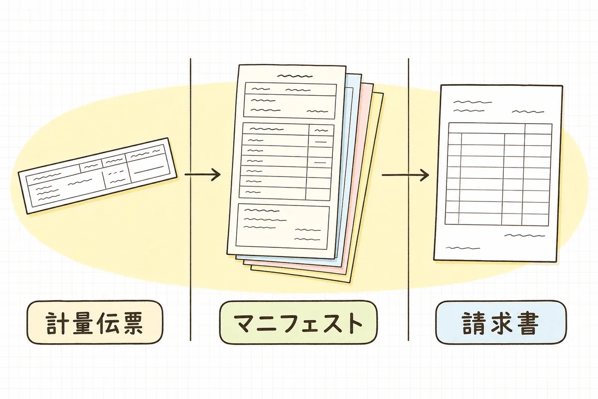 計量伝票・マニフェスト・請求書の3つの書類を左から順に並べ、数量欄を矢印でつないで突き合わせることを示した図